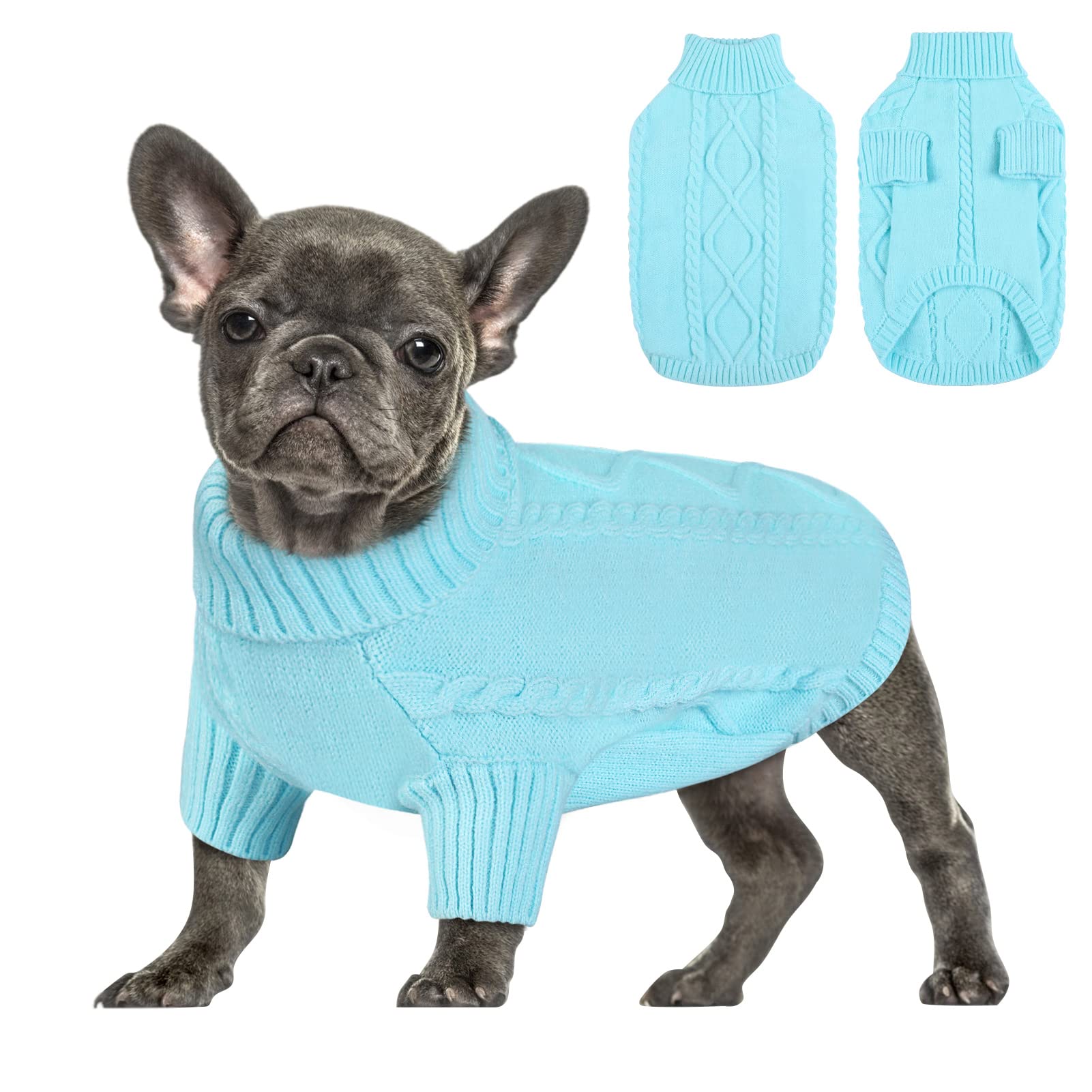 Queenmore small dog pullover sky blue front view provides cozy winter warmth