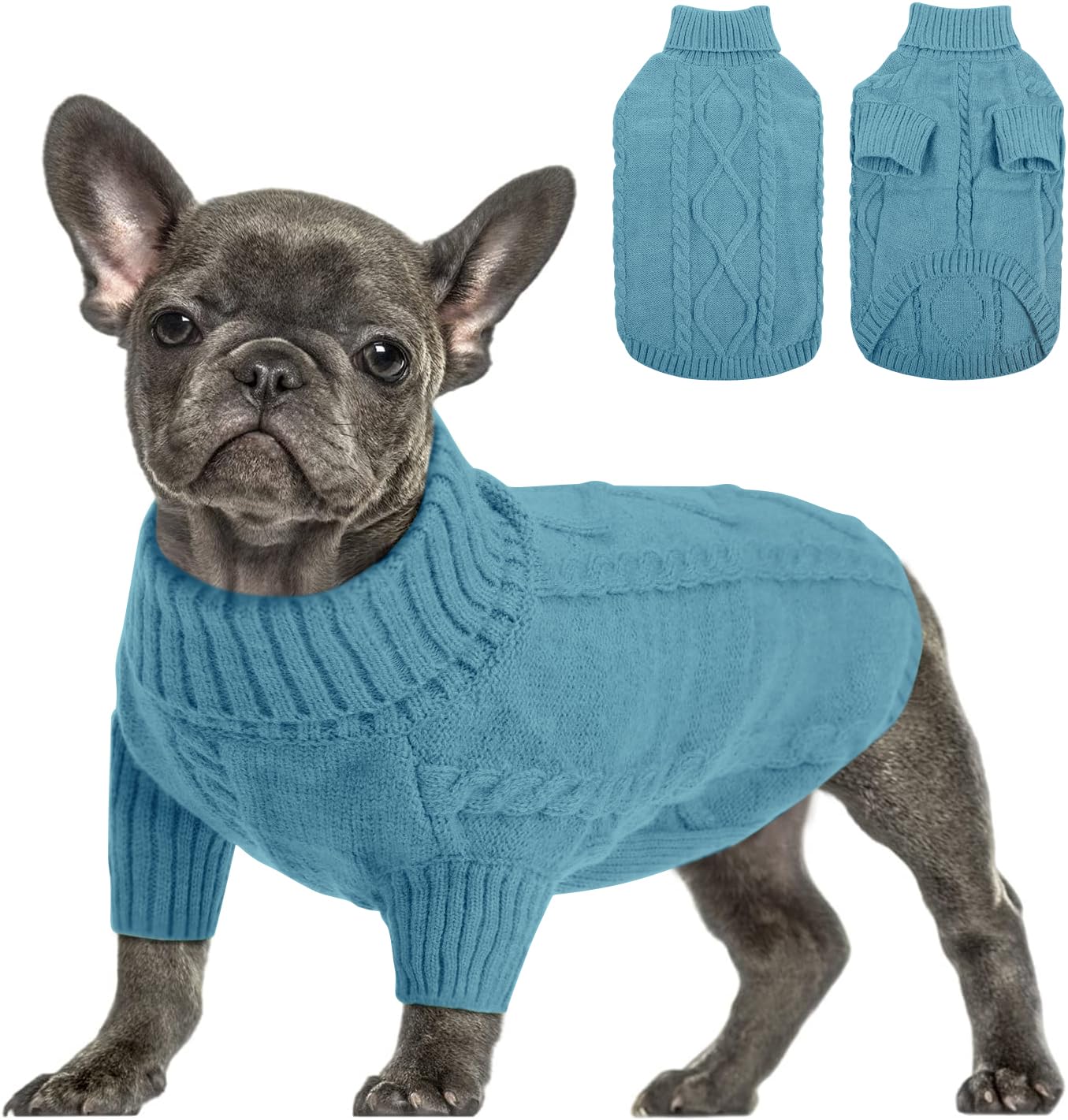 Queenmore small dog pullover sweater in peacock blue front view for winter warmth.