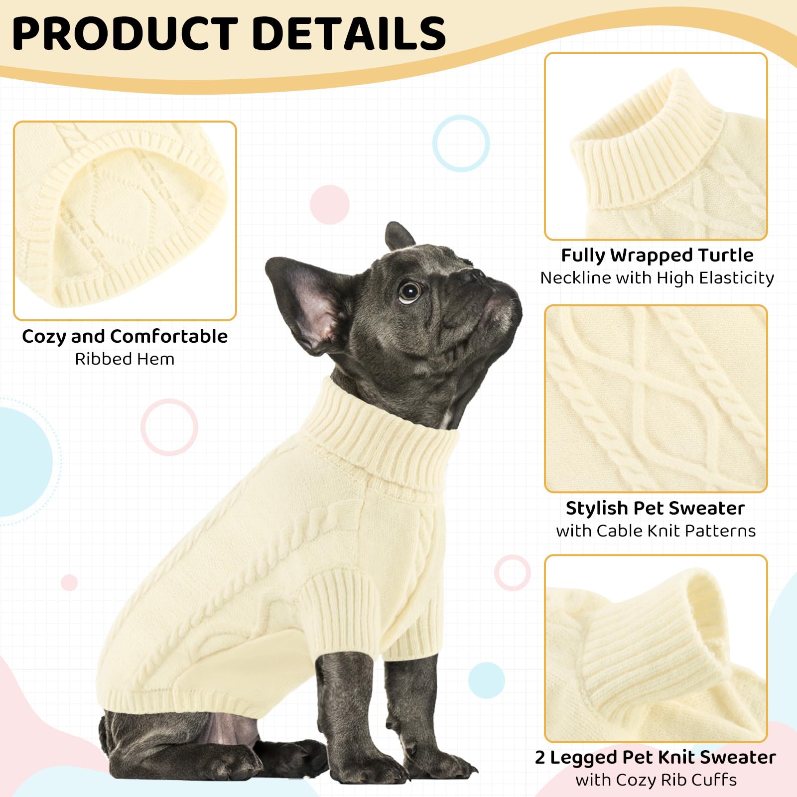 Queenmore small dog pullover sweater white turtleneck closeup highlights neck warmth and cozy protection