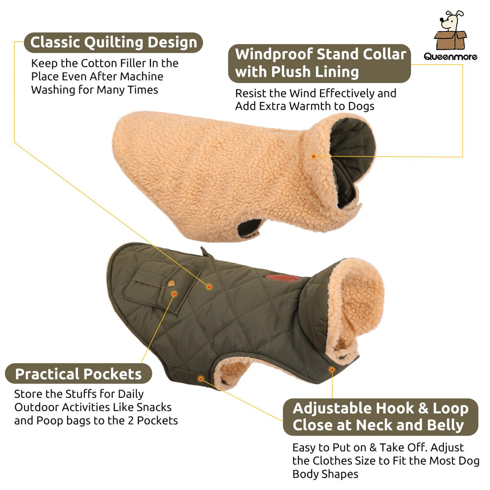 Queenmore warm coat dog leash hole demonstrates secure, close-walking convenience.