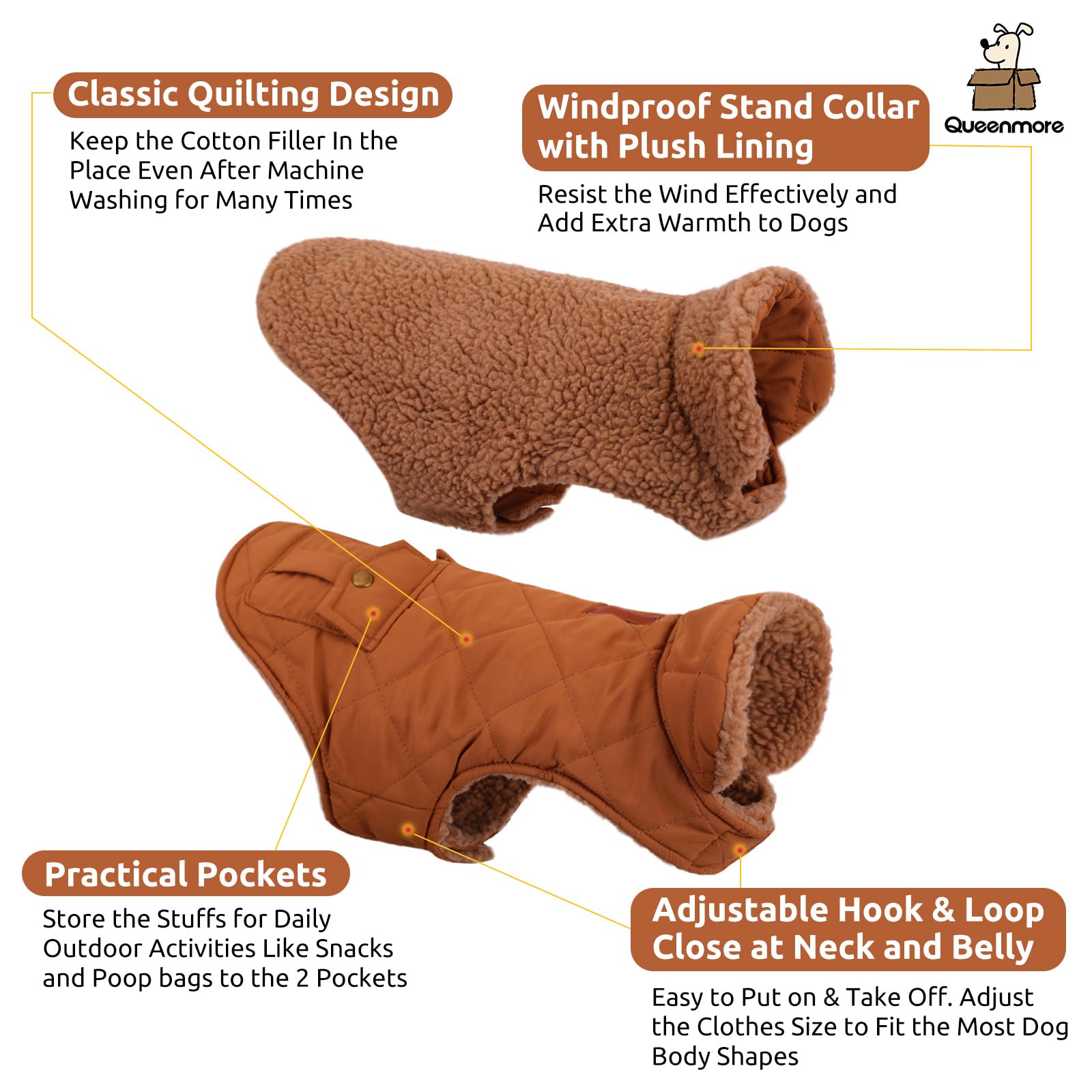 Queenmore warm coat leash-hole detail demonstrates secure, hands-free walking during chilly outings.