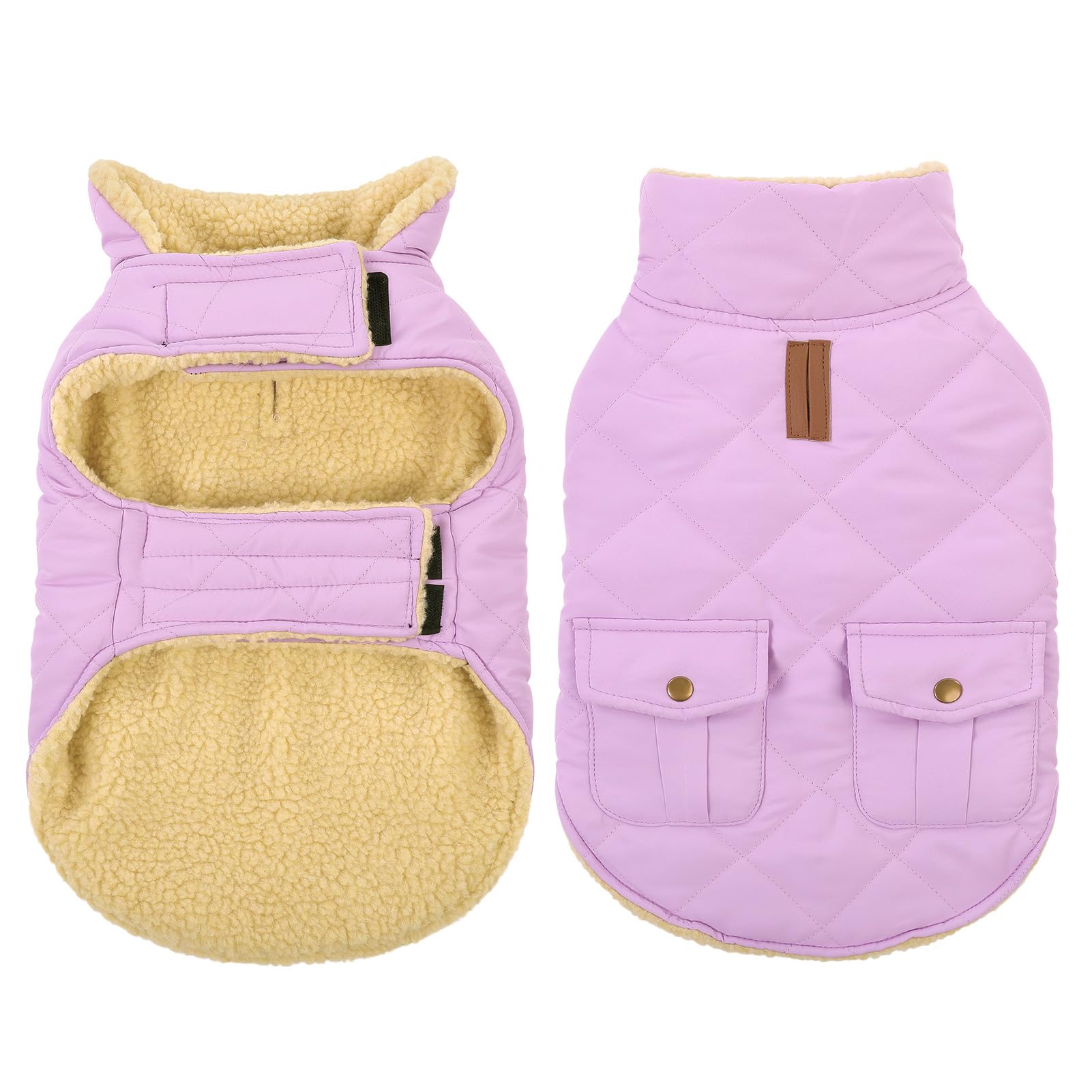 Queenmore warm dog coat back pocket detail in lilac keeps snacks handy on walks.