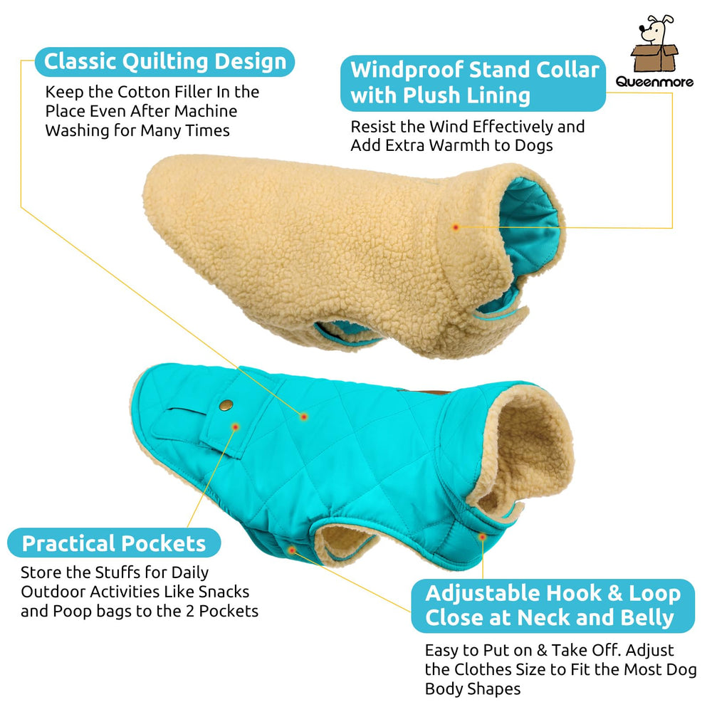 Queenmore warm dog coat back pocket highlights convenient storage for treats.