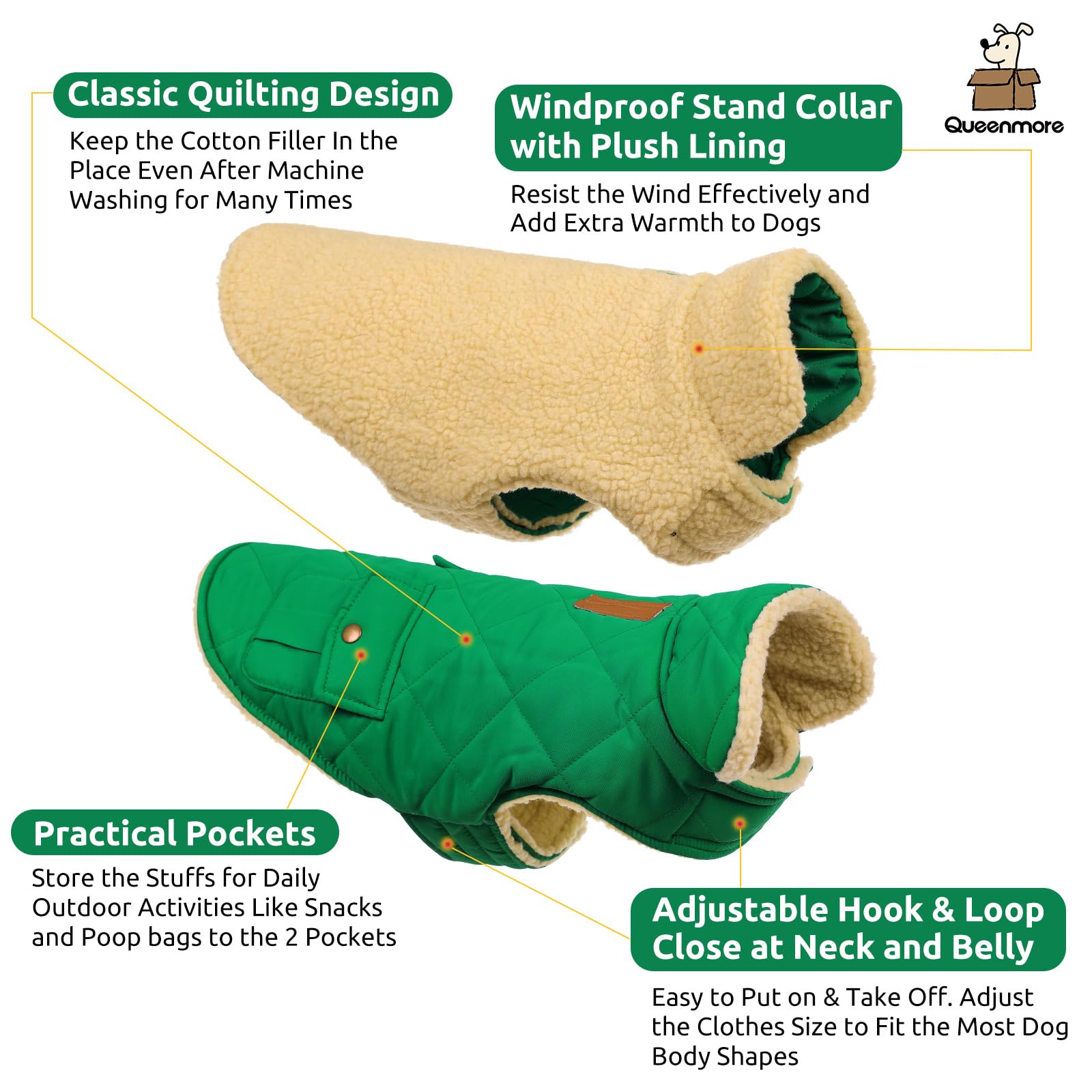 Queenmore Warm Dog Coat back pockets highlight convenient storage for treats and waste bags