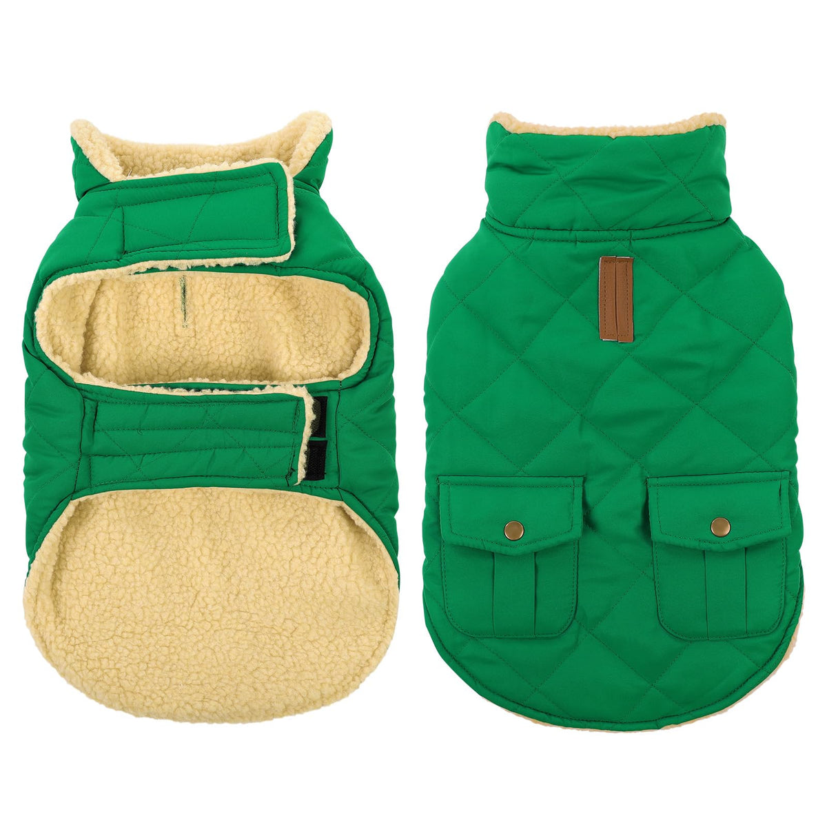 Queenmore Warm Dog Coat front view, forest green quilted jacket for cozy cold-weather walks