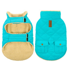 Queenmore warm dog coat front view highlights plush lining for cold days.