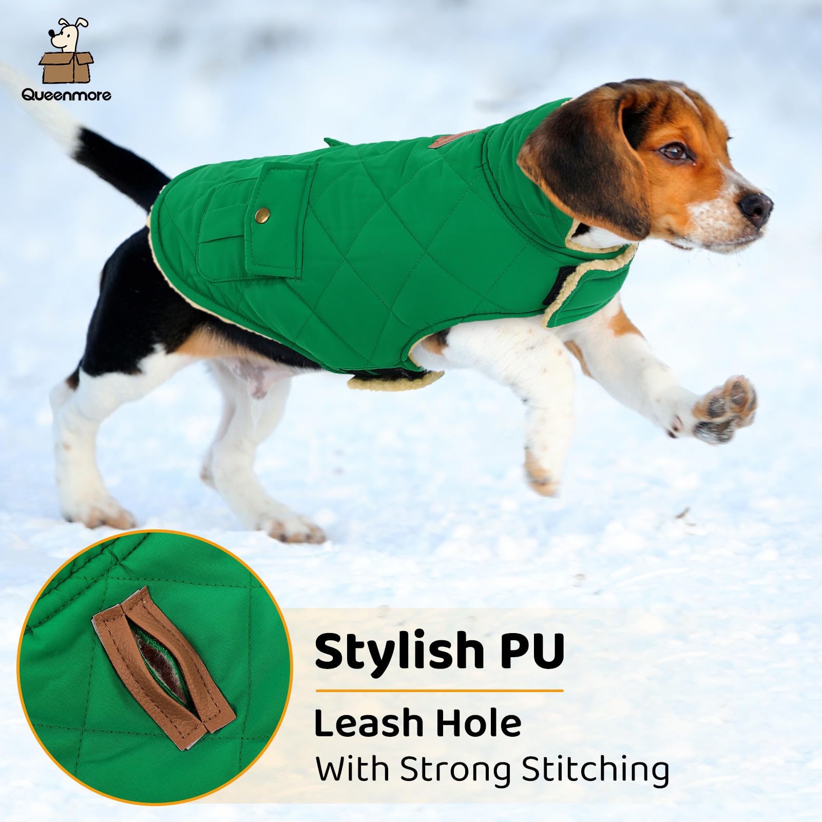 Queenmore Warm Dog Coat quilted back pockets are great for small items.