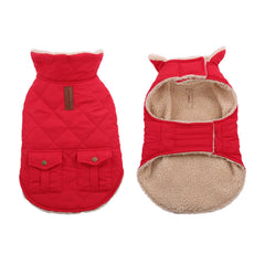 Queenmore warm dog coat front view showing red color and plush lining for chilly walks