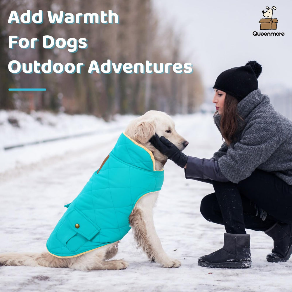 Queenmore warm dog coat side view demonstrates snug, full-coverage fit.