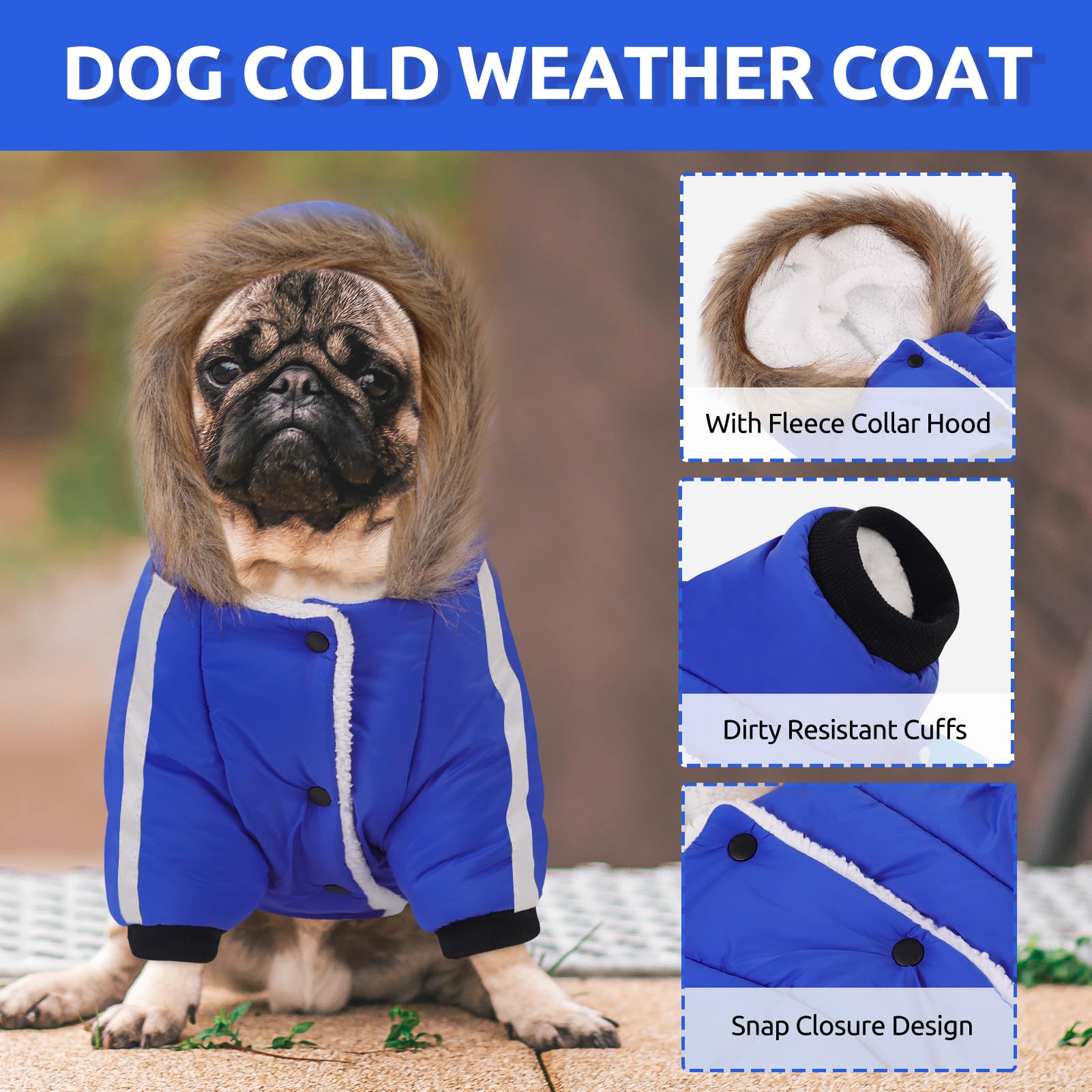 Queenmore warm dog winter coat hooded close-up showing fleece-lined hood