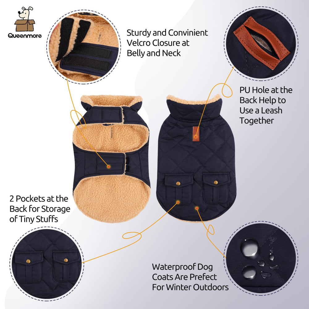 Queenmore warm puffer dog coat back pockets for snacks and small items