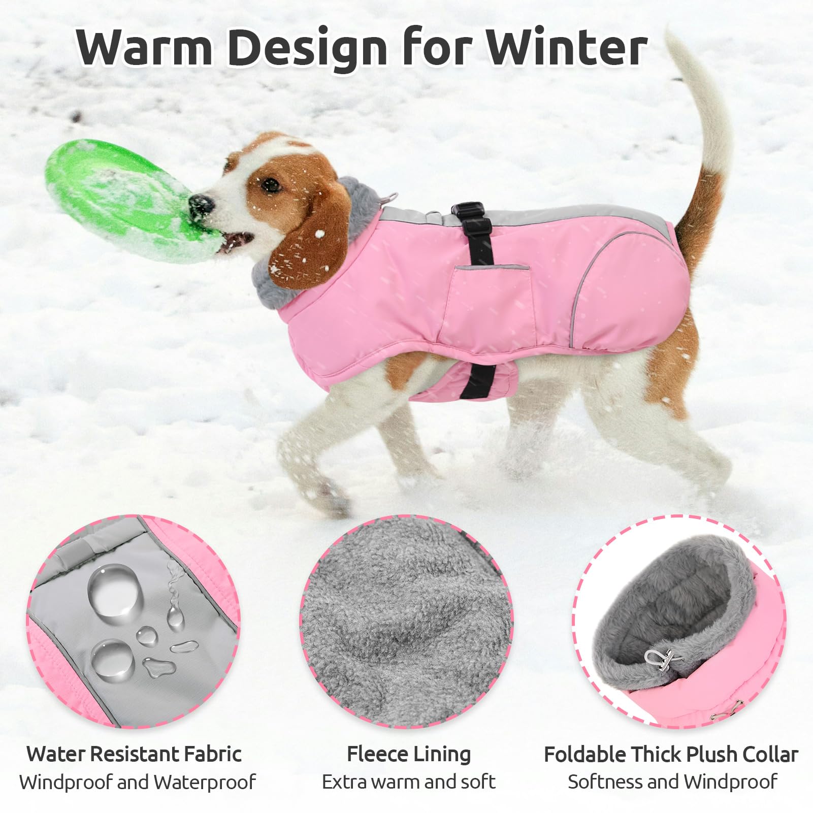 Queenmore waterproof dog coat shows leash hole detail for easy outdoor control.