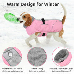 Queenmore waterproof dog coat shows leash hole detail for easy outdoor control.