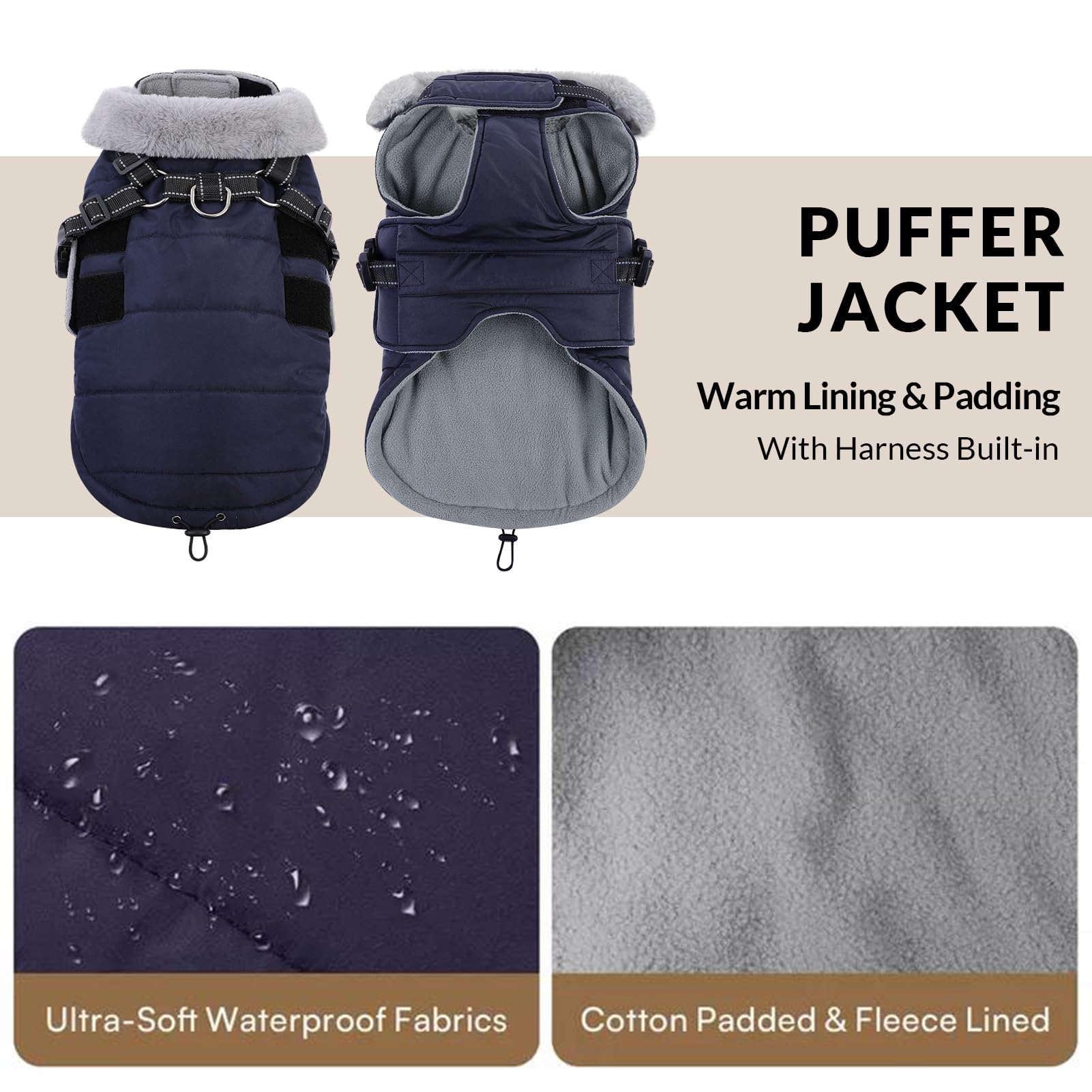 Queenmore waterproof puffer jacket protecting dog in snowy backyard.