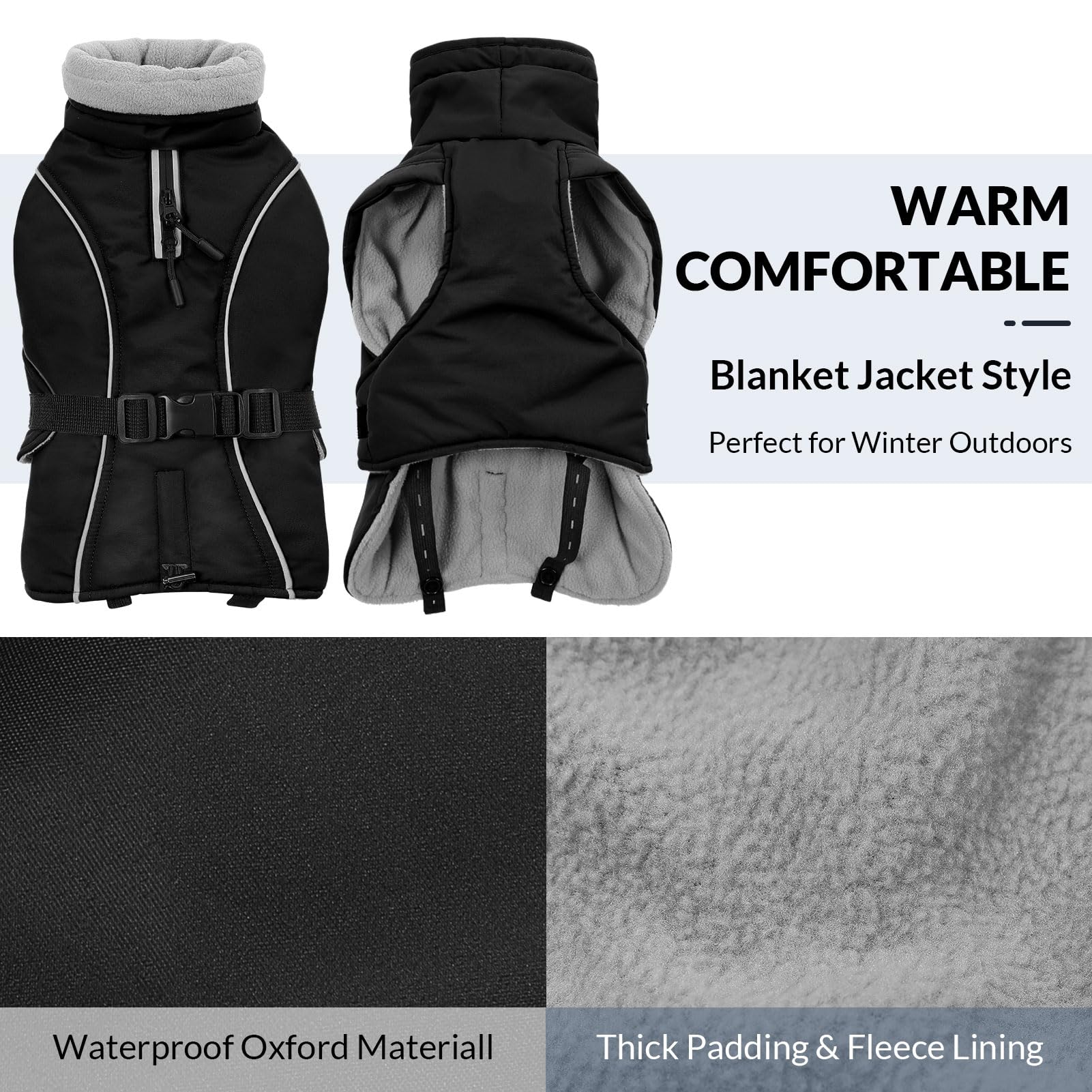 Queenmore winter dog coat quick-release buckles for fast dressing.