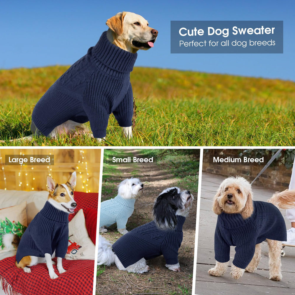 Queenmore XL dog sweater navy blue wear pose demonstrates easy movement and warmth