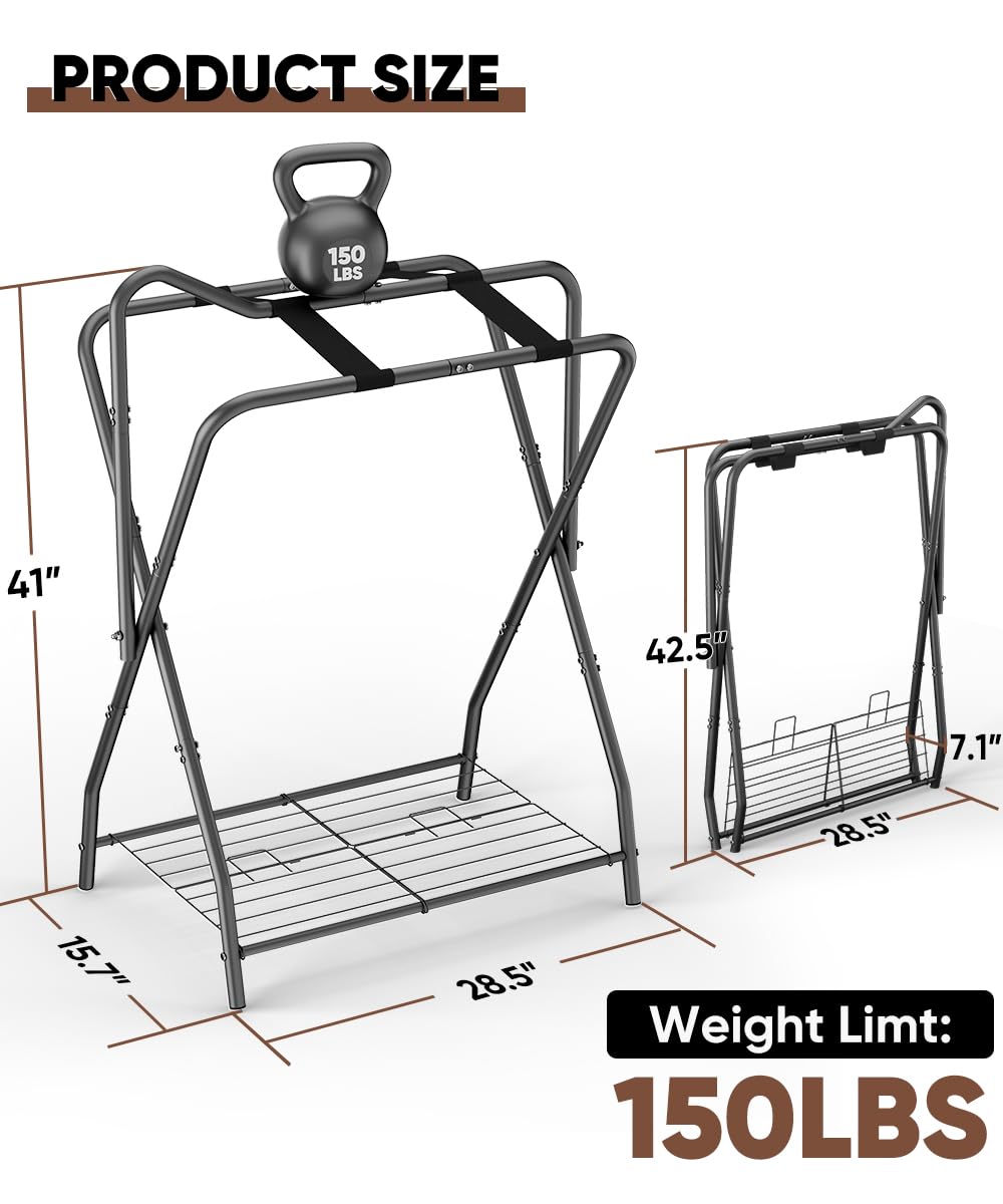 Queension saddle rack bottom storage keeps tack organized and accessible