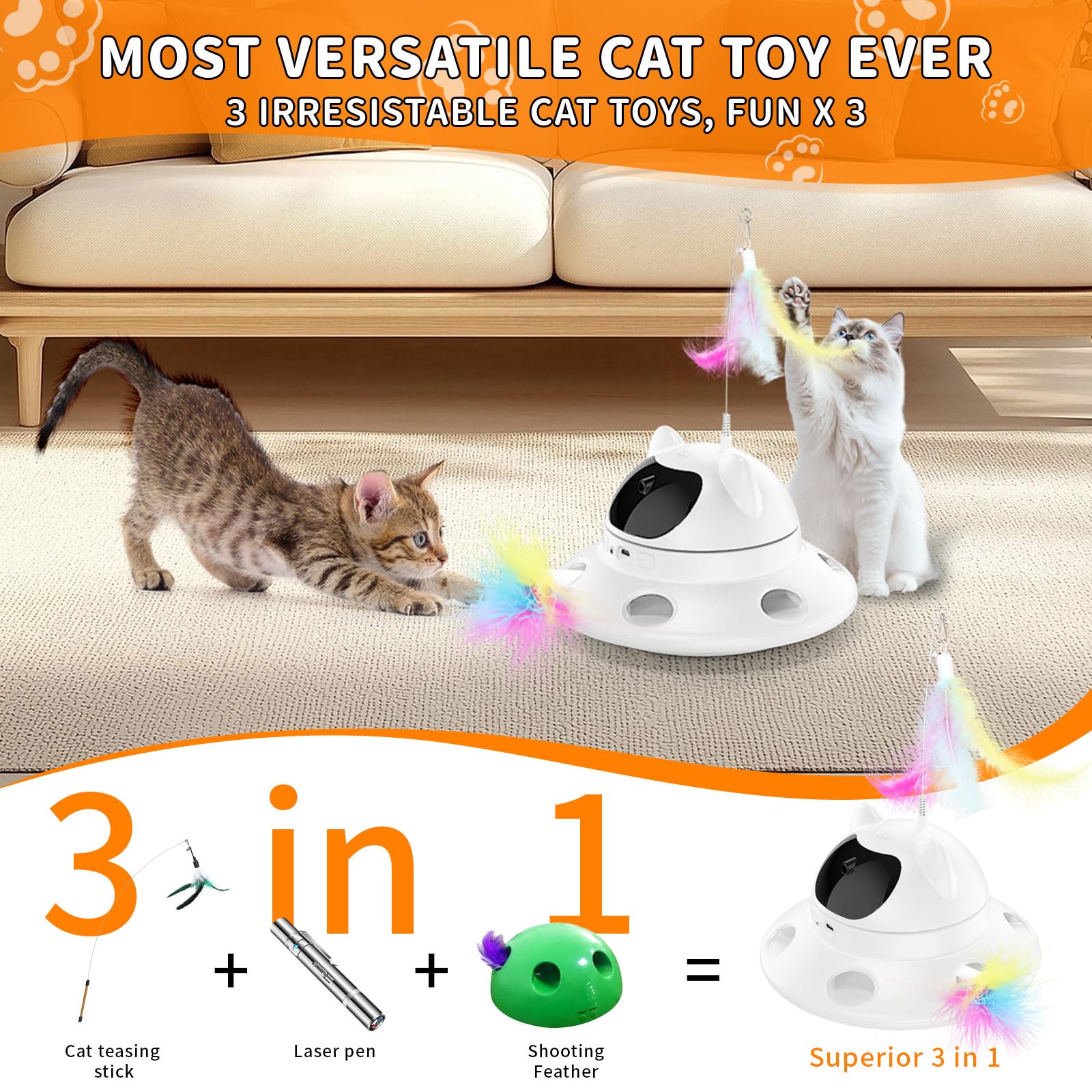QUEOPFU Cat Laser Toy showing five laser patterns for hunting play