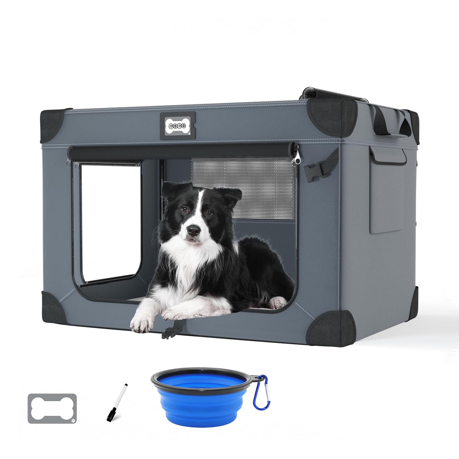 QUIBBLICK 36in soft dog crate folded compact for travel storage.