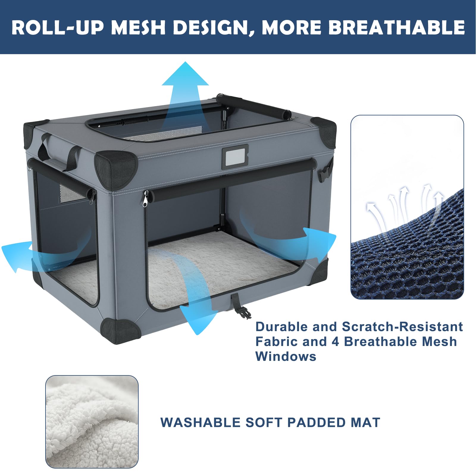 QUIBBLICK 36in soft dog crate with ventilated mesh windows for breathability.