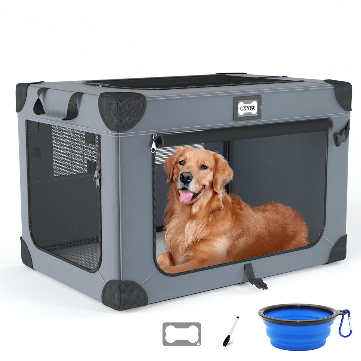 QUIBBLICK 42-inch soft dog crate assembly shows easy setup for home or travel.