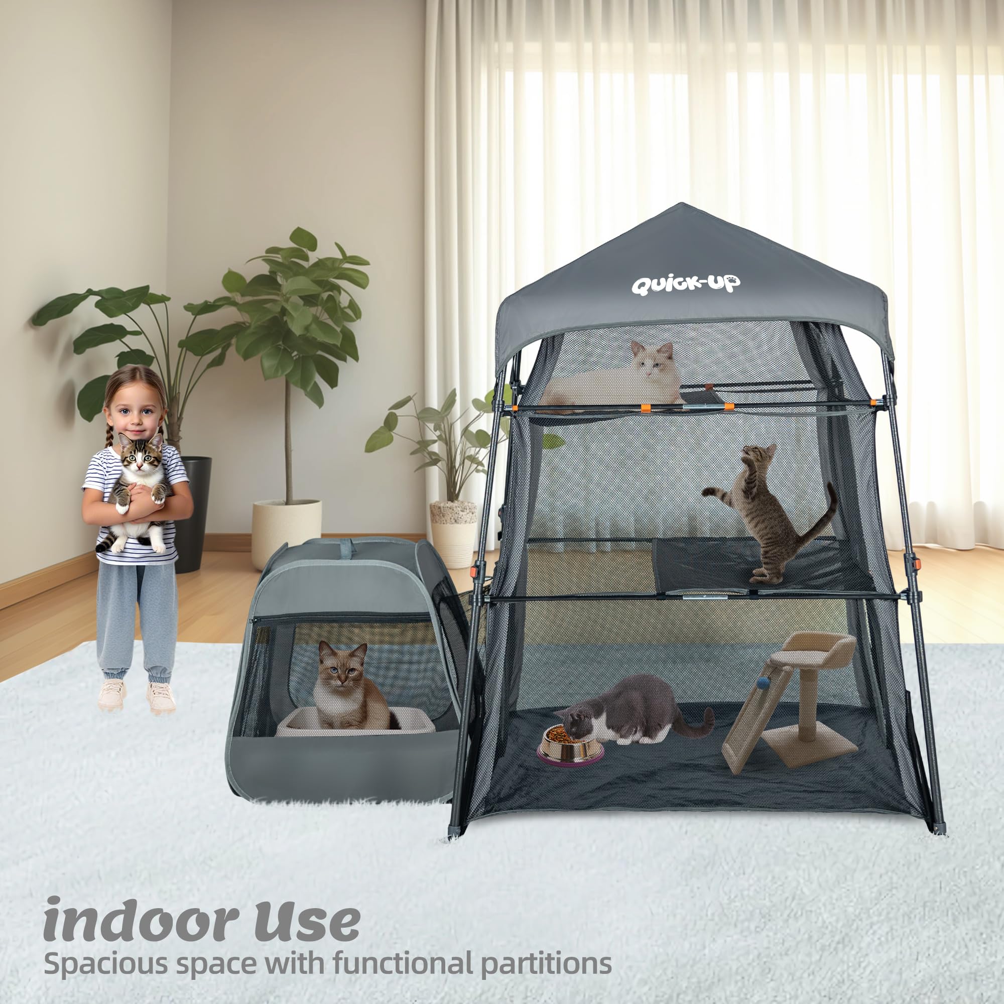 QUICK-UP three-tier play area highlights ample space for multi-cat families.