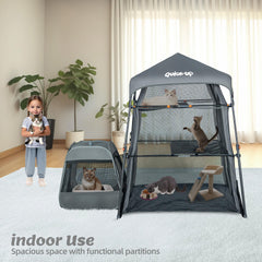 QUICK-UP three-tier play area highlights ample space for multi-cat families.