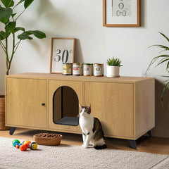 QuicMiou cat litter enclosure double room in natural oak offering private spaces for two cats and cleaner floors