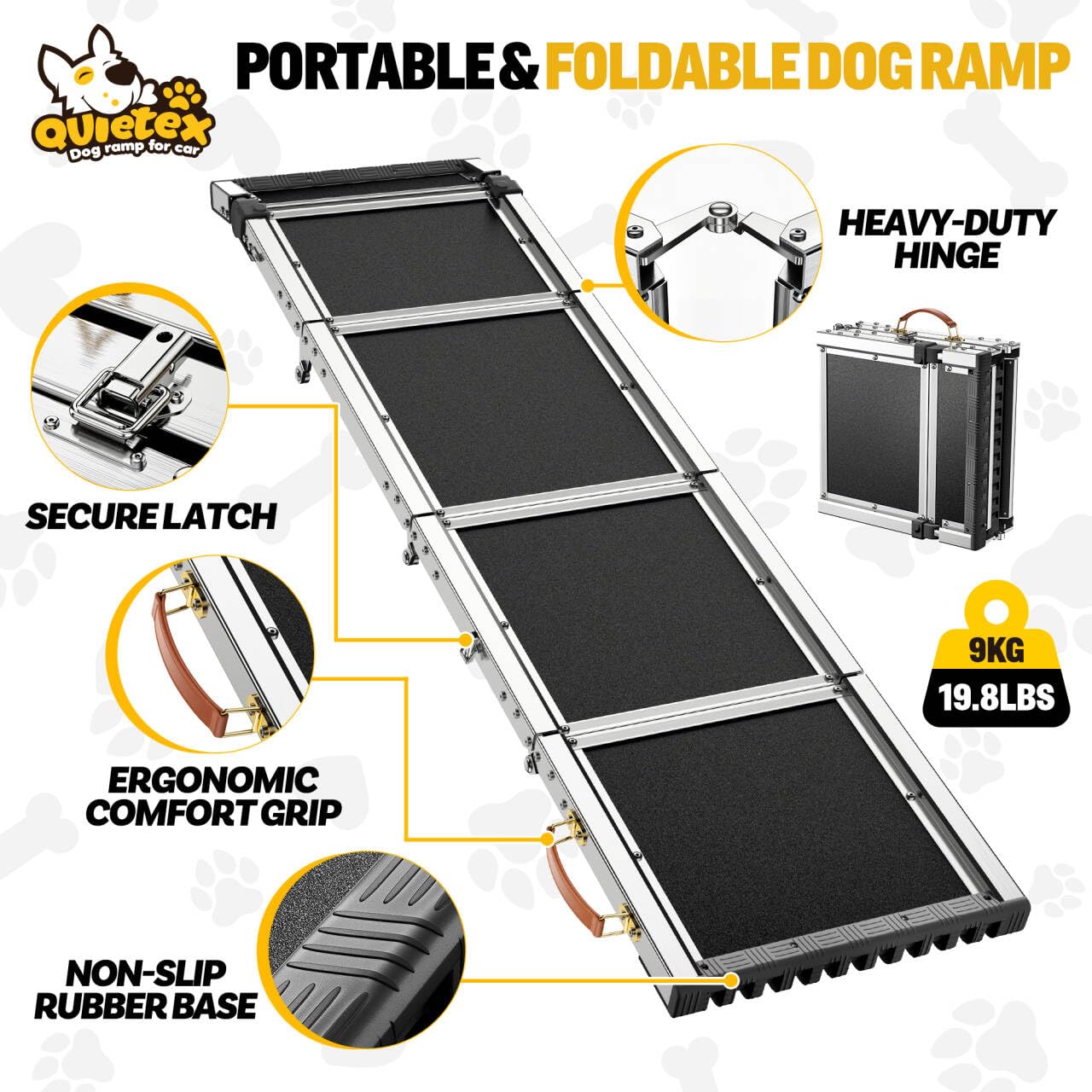 Quietex dog ramp demonstrates 330-lb capacity for larger dogs.