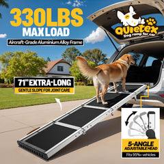 Quietex dog ramp showing 5-angle head adjustment for vehicle compatibility.