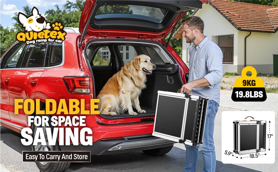 Quietex dog ramp highlights aircraft-grade aluminum frame for durability.