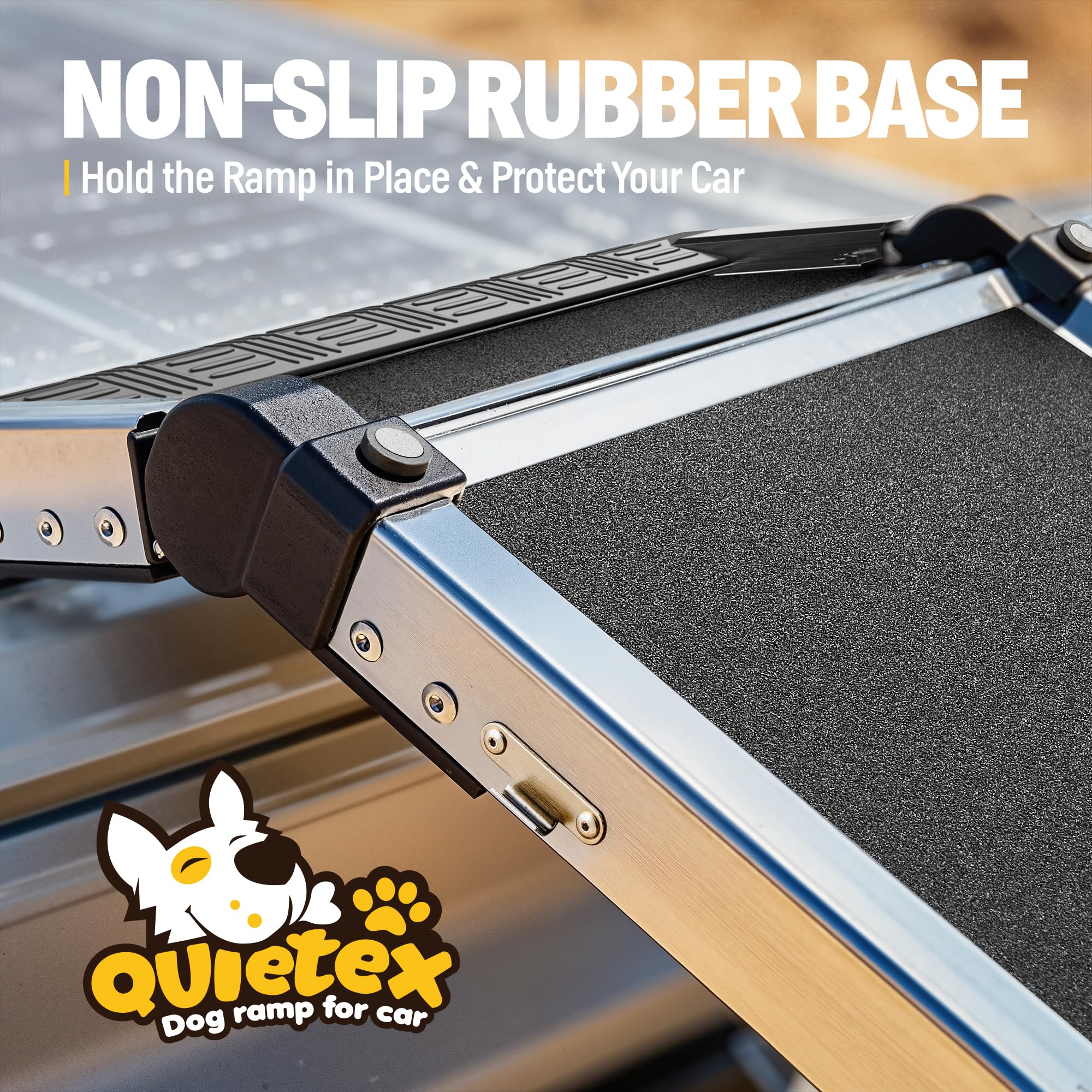 Quietex dog ramp displays non-slip surface for secure climbs.