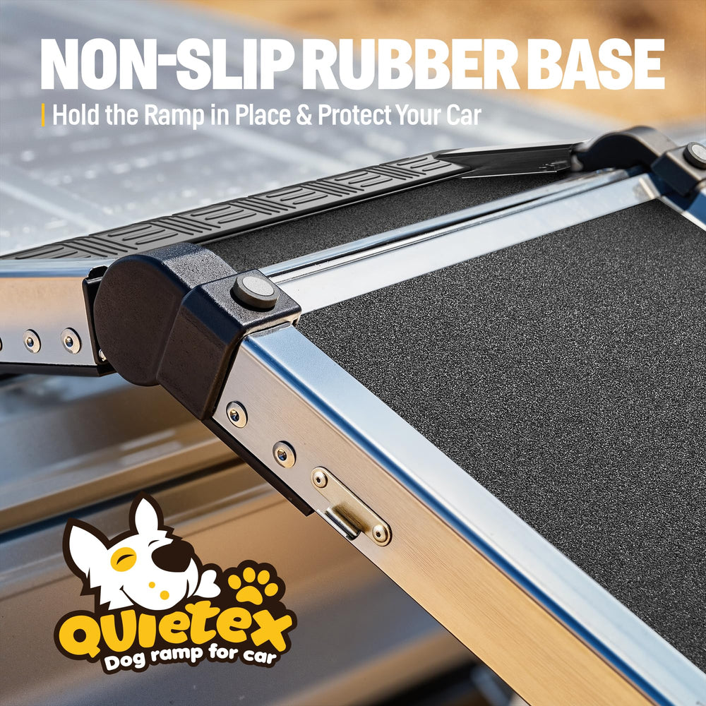 Quietex dog ramp displays non-slip surface for secure climbs.