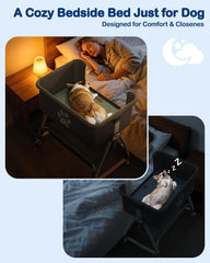 Quintholar bedside dog bed height adjustment shows six-position bed alignment