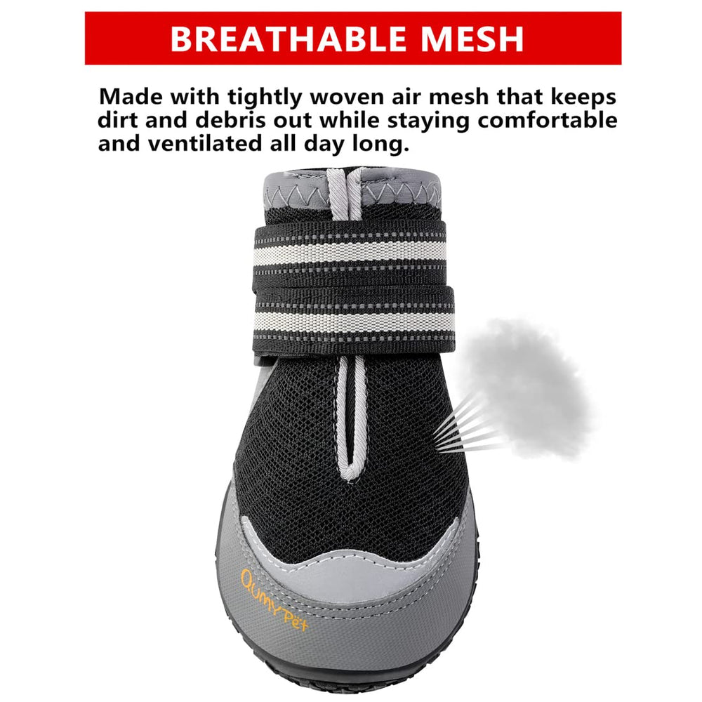 QUMY dog boots with adjustable reflective Velcro straps for secure nighttime fit.