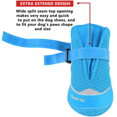 QUMY dog boots blue adjustable-velcro view emphasizes easy on/off and night safety