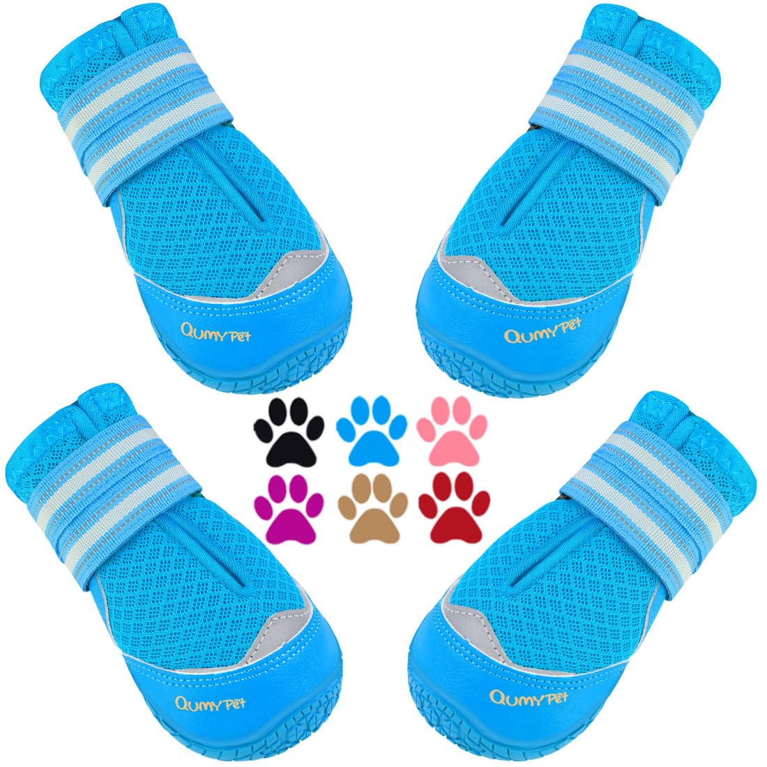 QUMY dog boots blue size 8 front view highlights breathable mesh for summer comfort.