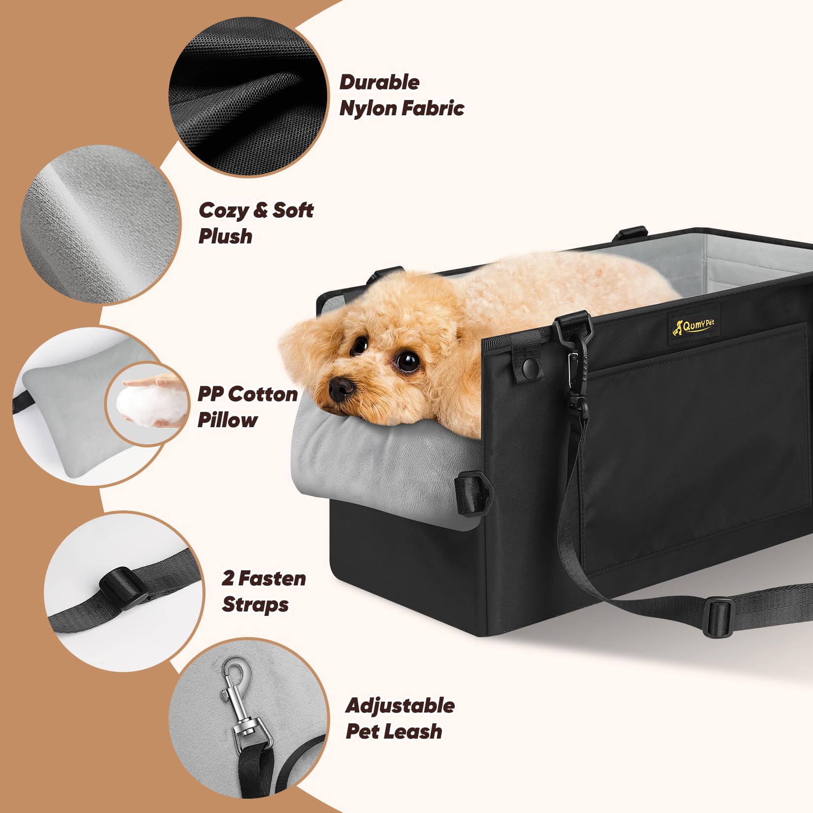 QUMY dog car seat plush interior for a comfortable ride.