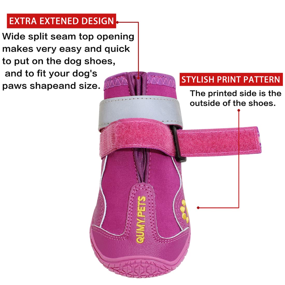 QUMY dog shoes adjustable straps closeup showing secure fit for active dogs.