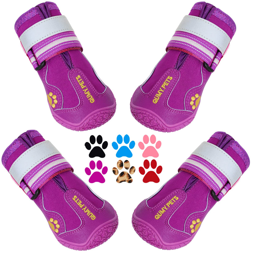 QUMY dog shoes with adjustable straps secure a snug fit for daily walks.