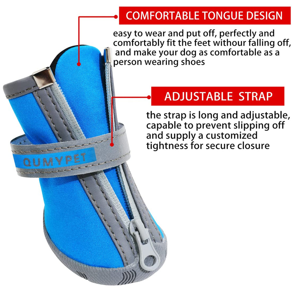 QUMY blue dog shoes size 3 waterproof fabric close-up demonstrates rain protection