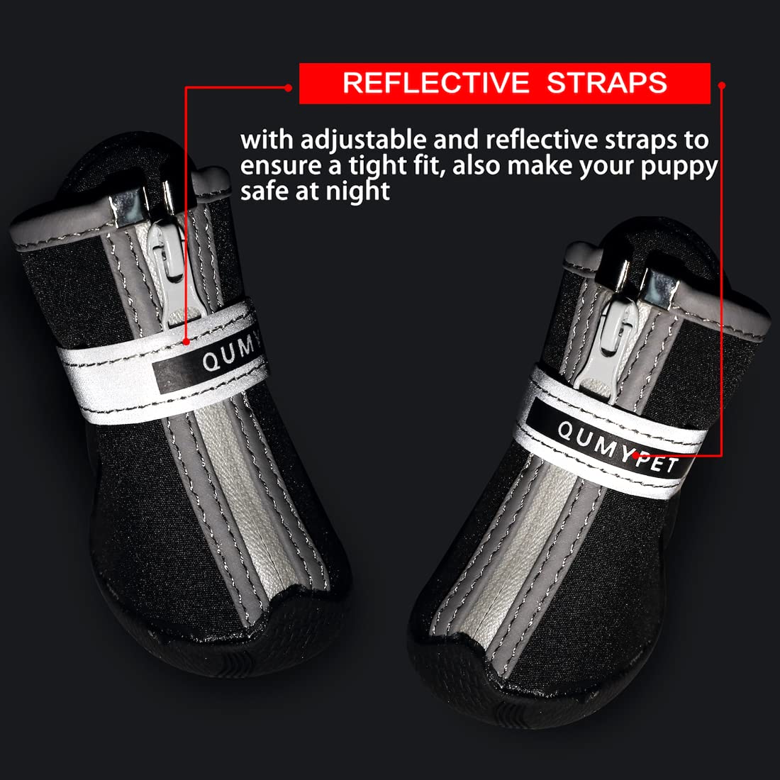 QUMY dog shoes hiking scene show secure zip and reflective straps for nighttime visibility.