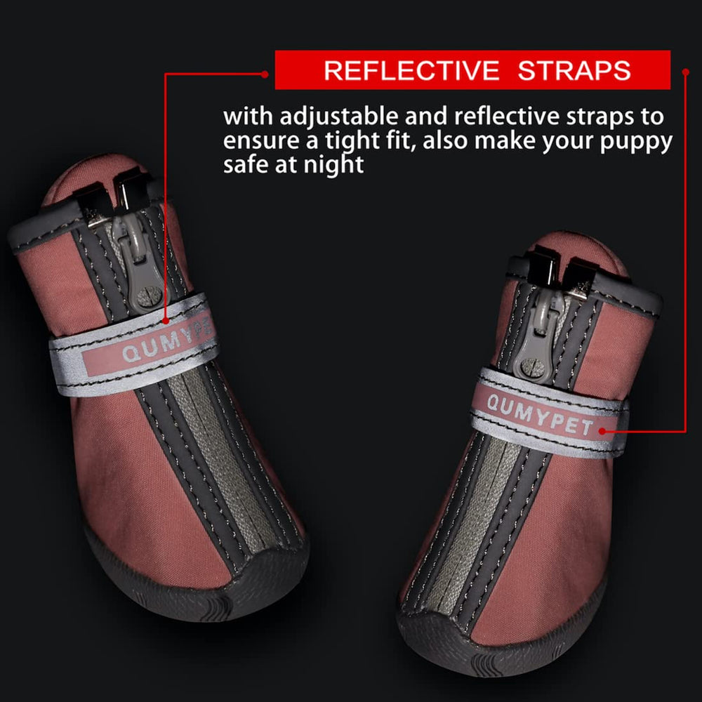 QUMY dog shoes indoor with skid-resistant soles aiding hardwood-floor traction.