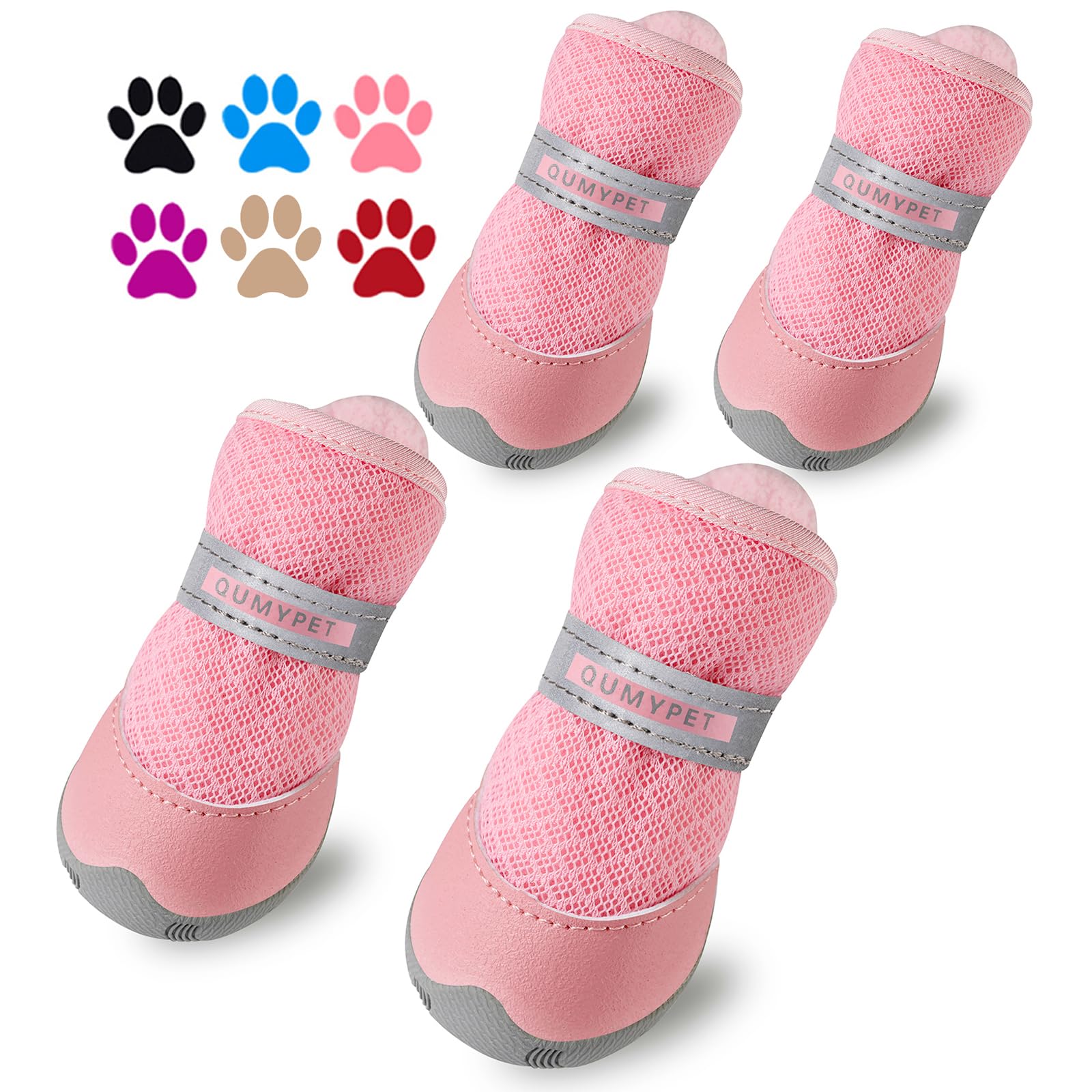 QUMY dog shoes pink side view showing secure fit during walks
