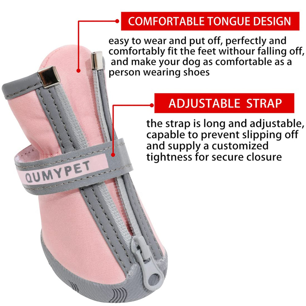 QUMY dog shoes in rainy weather highlighting water-resistant fabric keeping paws dry.