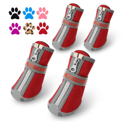 QUMY dog shoes red packaging showing durable, weather-ready design for rainy day protection