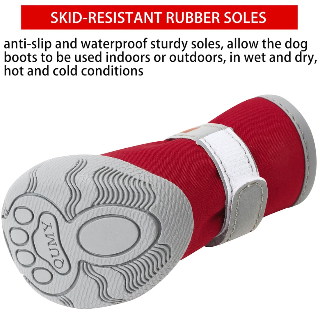 QUMY dog shoes red rubber soles provide traction on hardwood and rough terrain