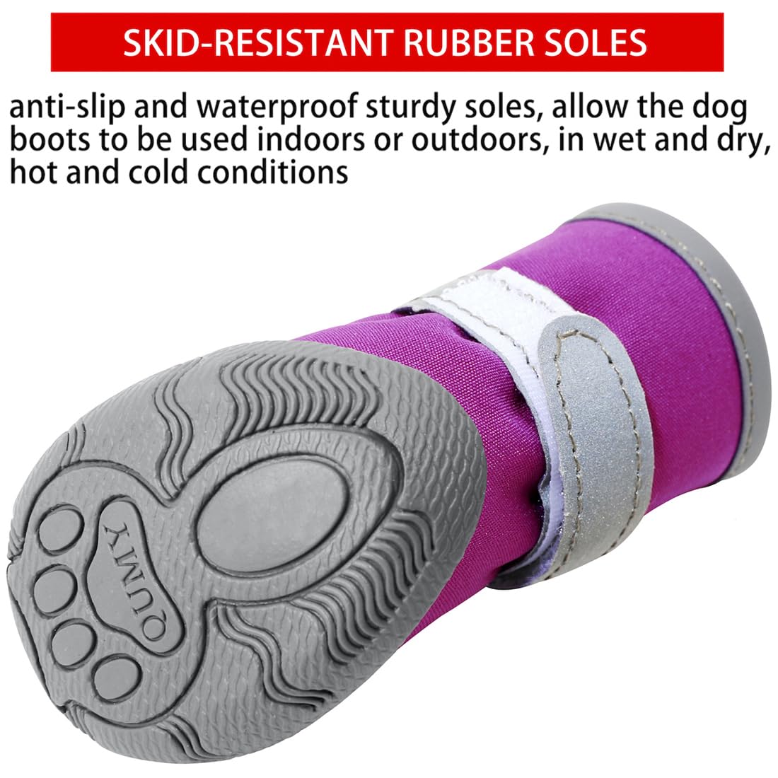 QUMY dog shoes feature skid-resistant rubber soles for grip.