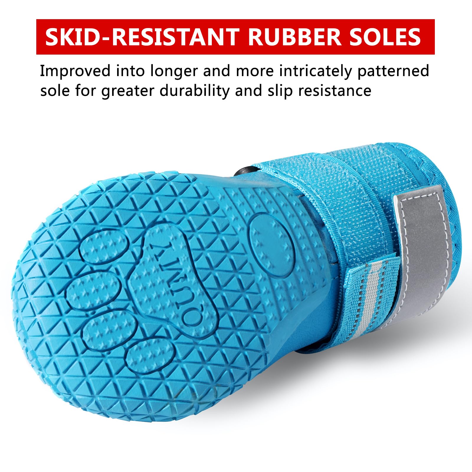 QUMY dog shoes rugged sole offers traction on varied outdoor surfaces.