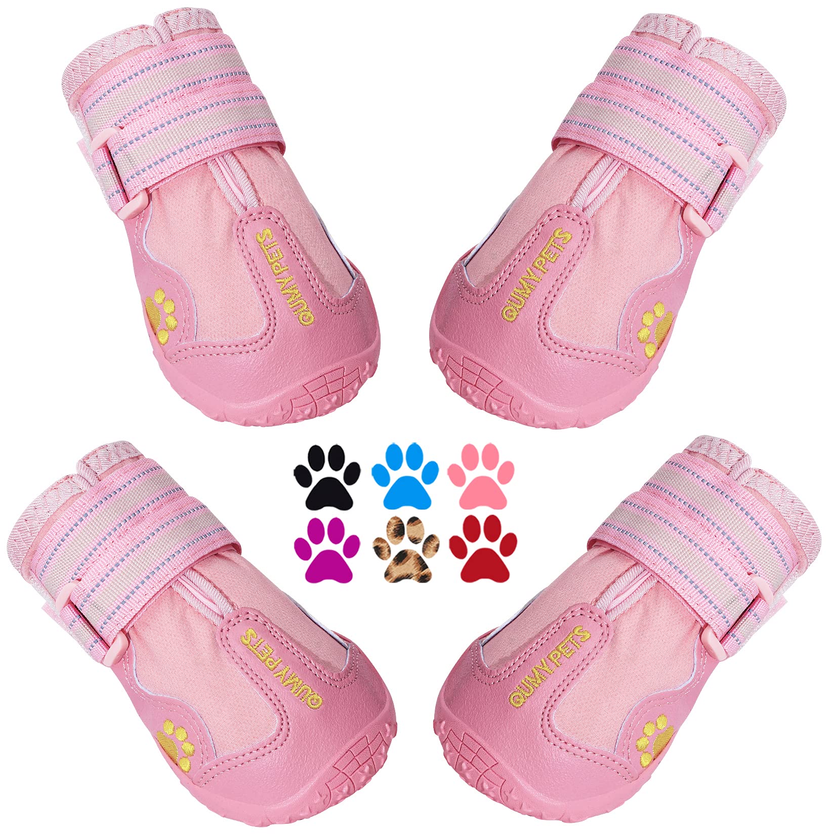 QUMY dog shoes secure-fit with adjustable straps for quick on/off.